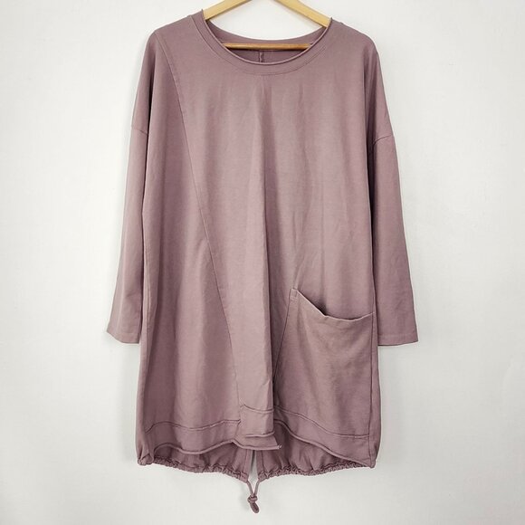 Lagenlook Mauve Long Sleeve Tunic Dress Big Pocket & Drawstring Sinch Hem Artsy - Picture 1 of 10